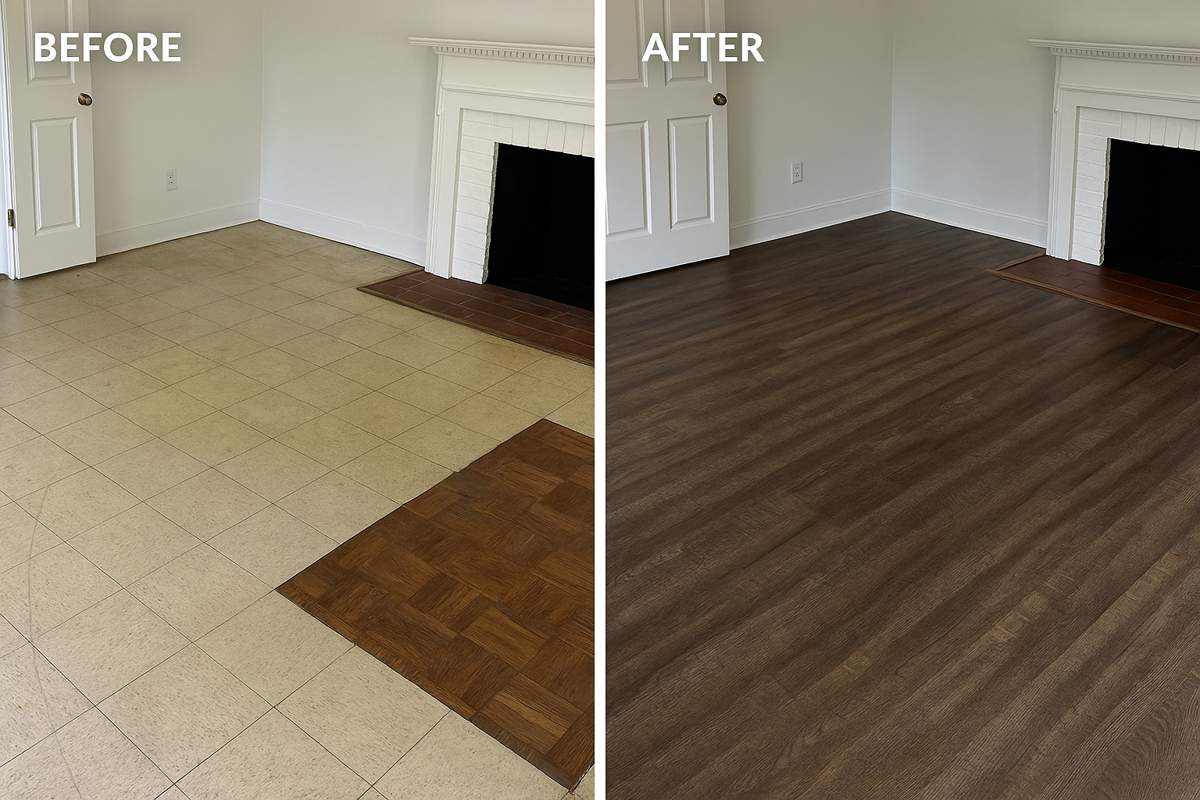 Side-by-side before and after photo of a condo flooring remodel in the Gratz Park historic district of Lexington, KY, showing transformation from old vinyl tile and patchwork wood to modern walnut laminate