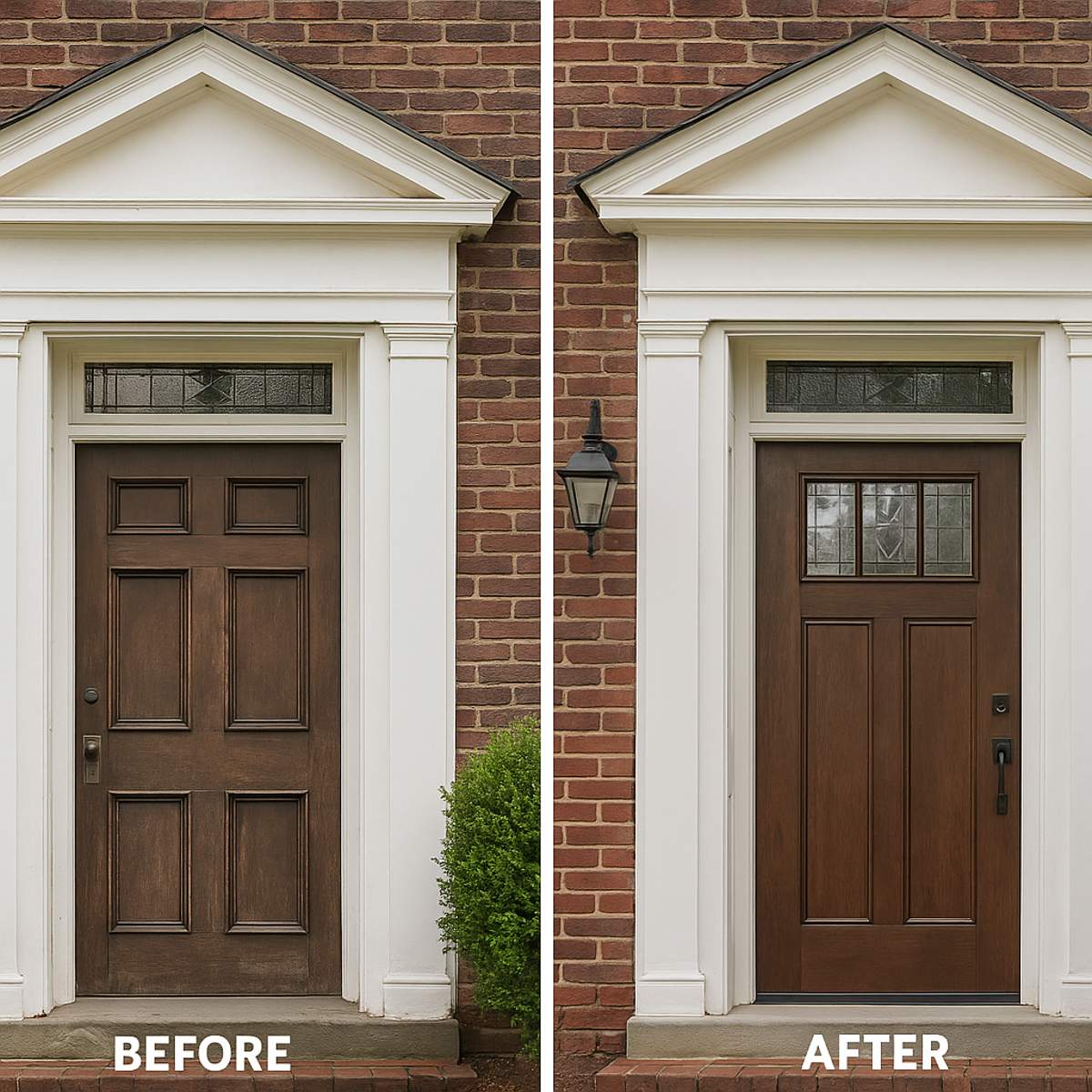 Side-by-side before and after image of a front door replacement on a historic brick home in Gratz Park, Lexington, KY, featuring an upgraded fiberglass door with decorative glass