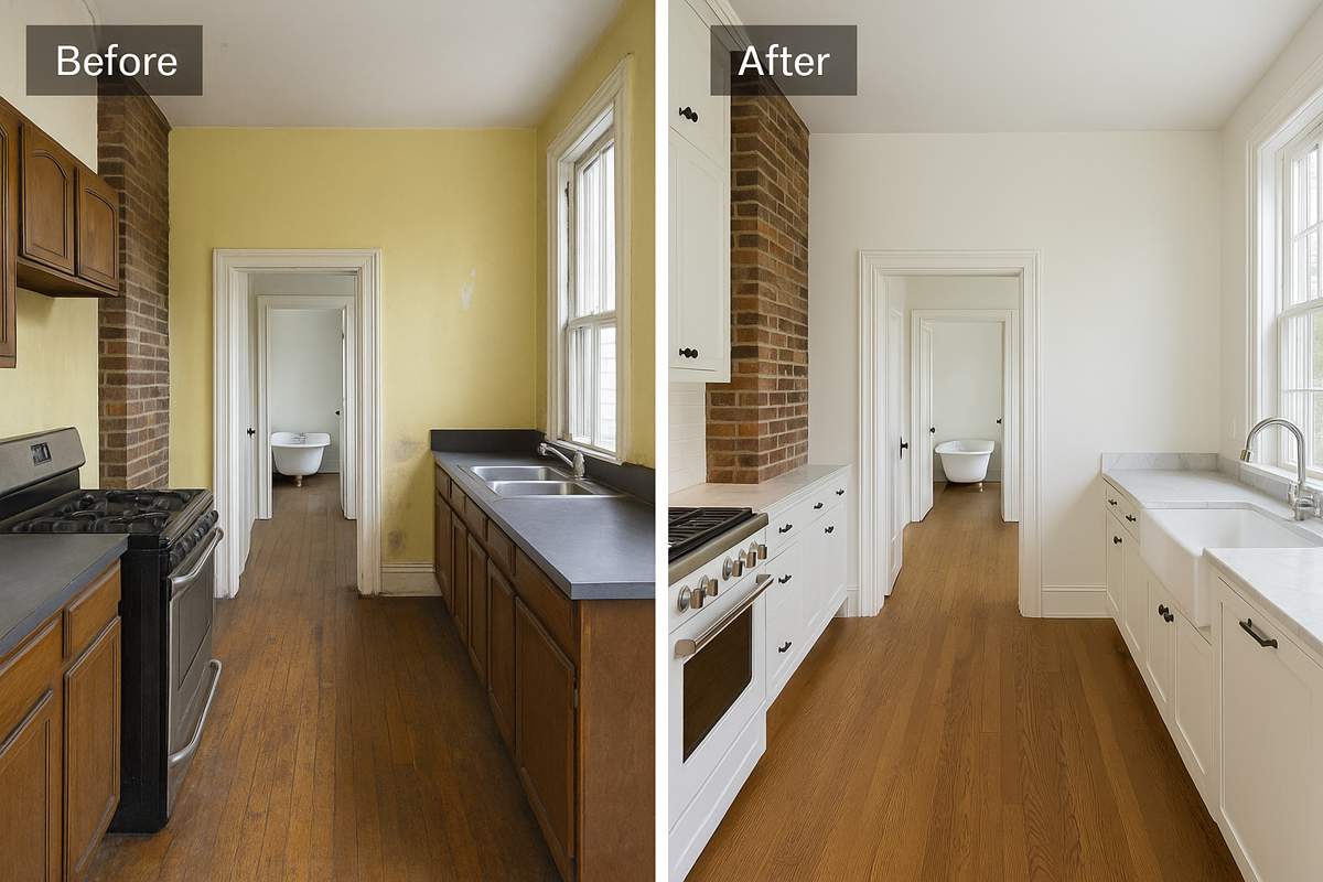 Side-by-side before and after photo of a historic kitchen remodel in Gratz Park, Lexington, KY, showing the transformation from dated yellow walls and old cabinetry to a bright kitchen with white custom cabinets and preserved brick chimney