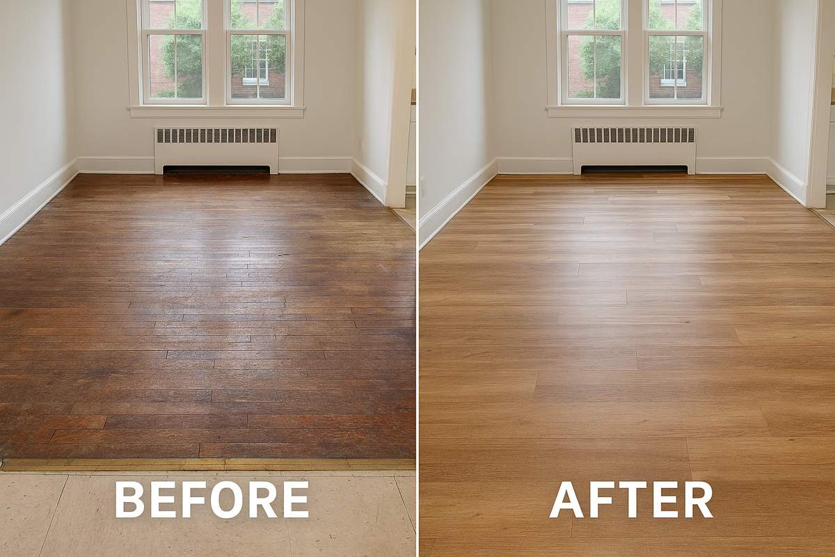 Side-by-side before and after photo of vinyl plank flooring installation in a Gratz Park rental unit in Lexington, KY, showing transition from patchy hardwood to oak-look vinyl