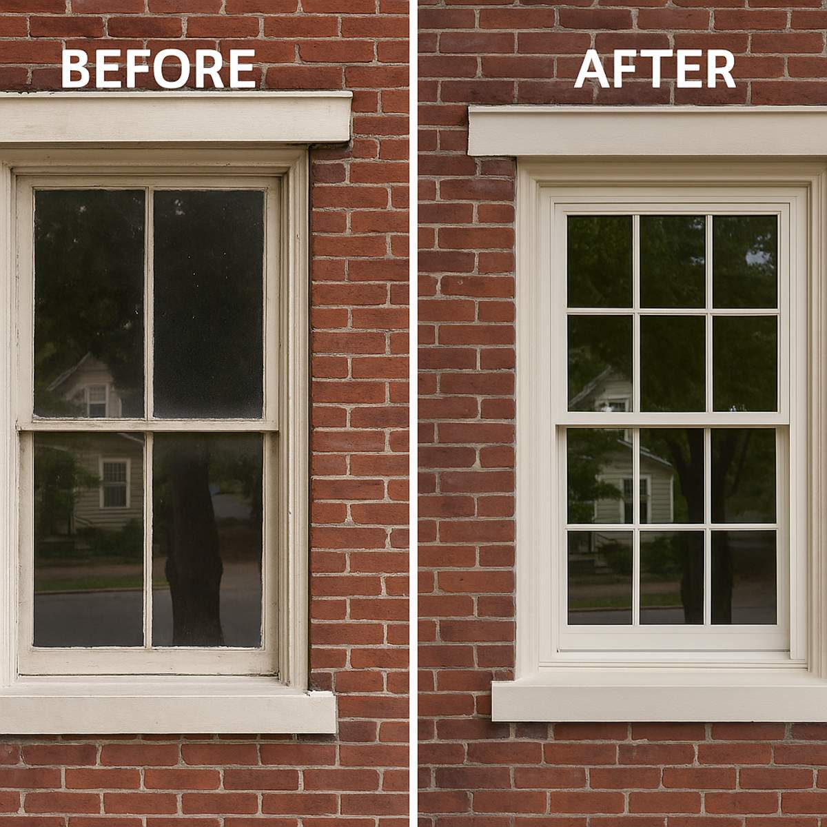 Side-by-side before and after image of a window replacement in a Gratz Park rental apartment in Lexington, KY, showing the upgrade from worn single-pane to insulated wood-clad window