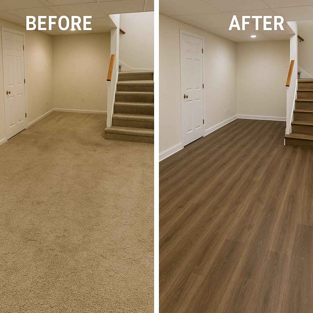 Before and after photo of basement flooring transformation with new water-resistant laminate in Greenbrier, Lexington KY 