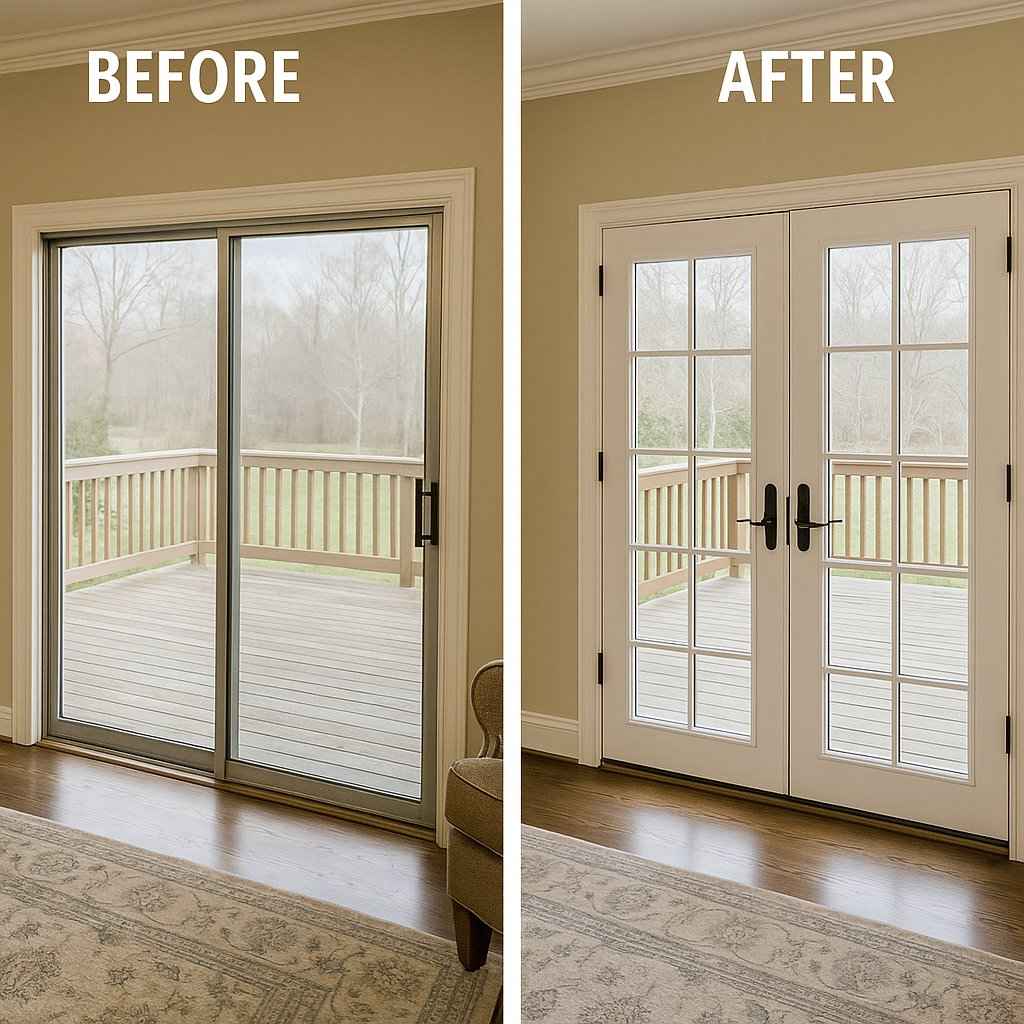 Before and after photo of French door installation replacing old sliding patio doors in Greenbrier Lexington KY 