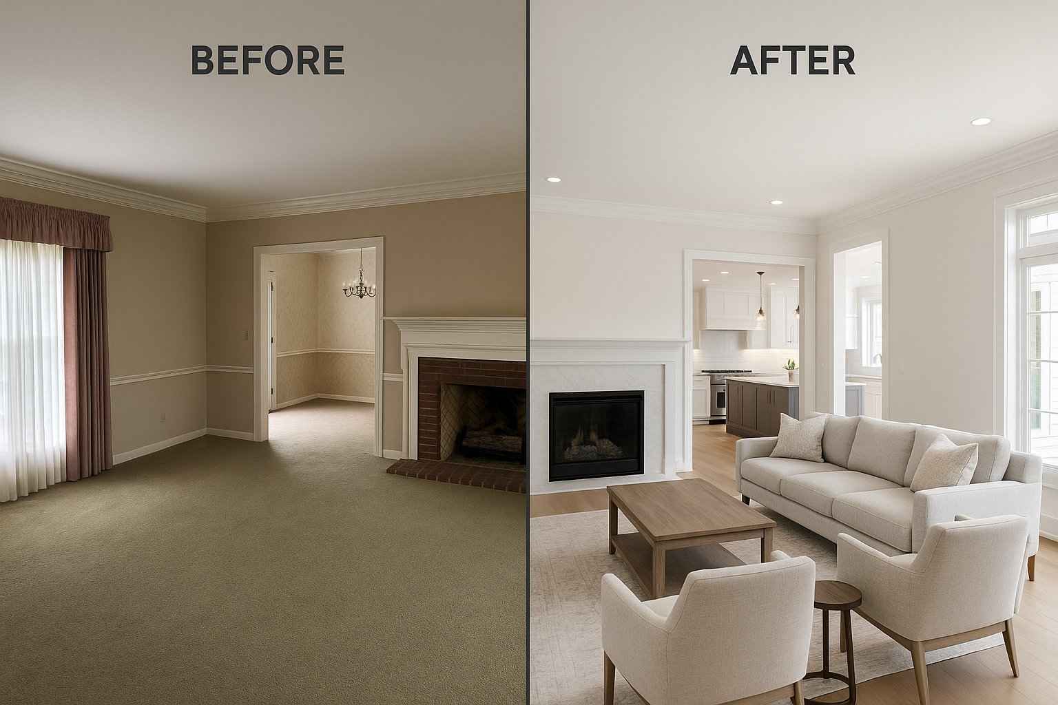 Before and after photo of a Greenbrier Lexington KY home remodeling project showing updated open-concept living room with modern finishes 