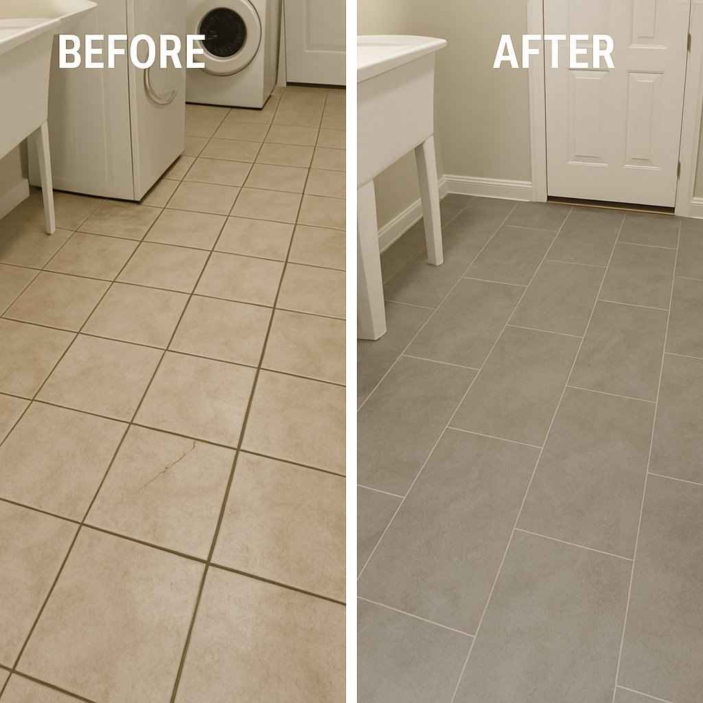 Before and after photo showing luxury vinyl tile installation in a Greenbrier KY laundry and mudroom 