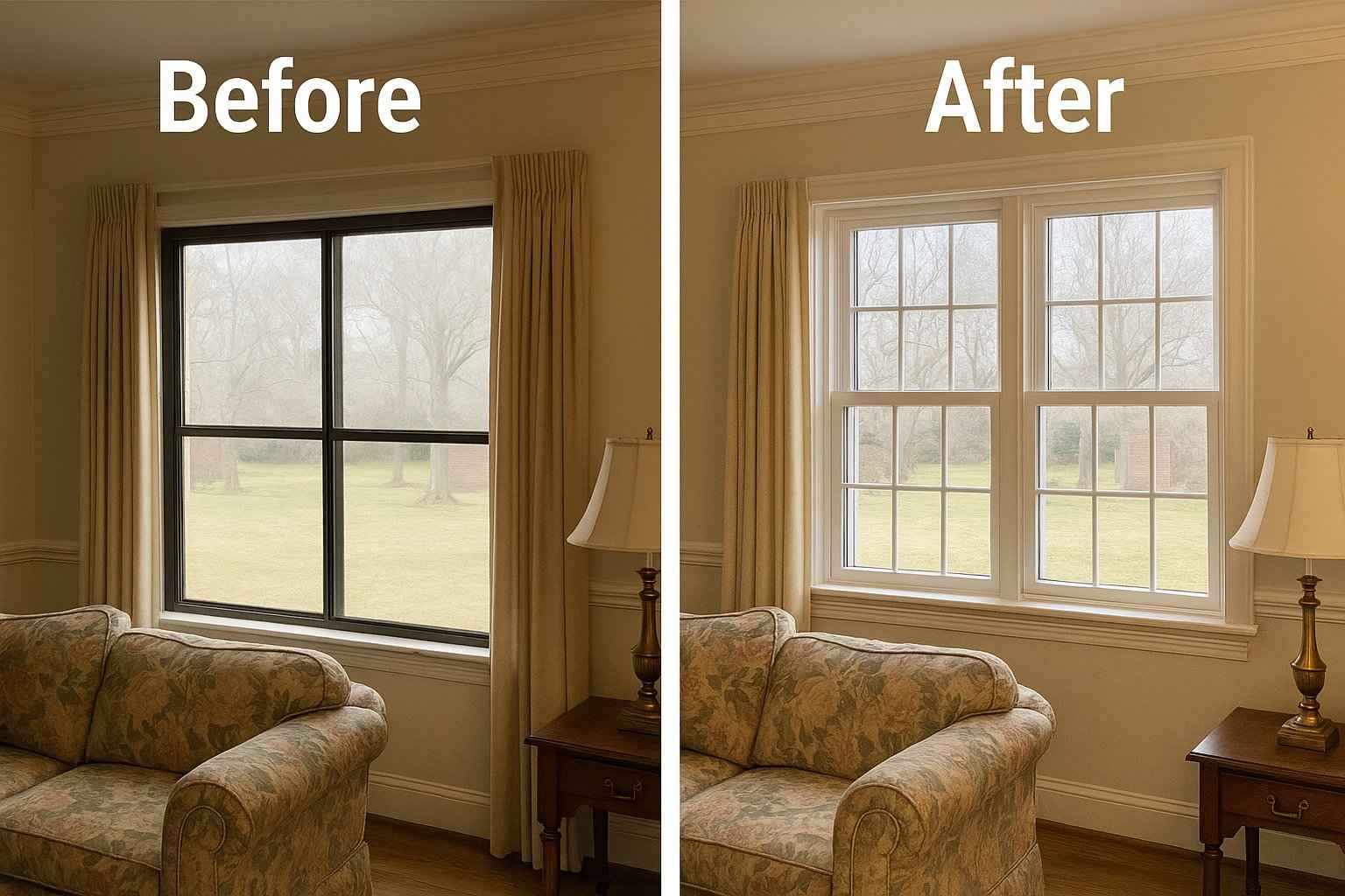 Before and after photo of double-hung window installation with colonial grilles in Greenbrier Lexington KY 