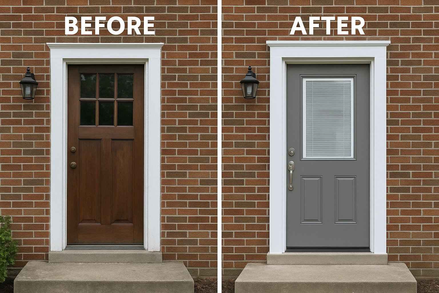 Before and after photo of front door replacement in Joyland KY showing upgrade from worn wood door to modern fiberglass door with glass insert 