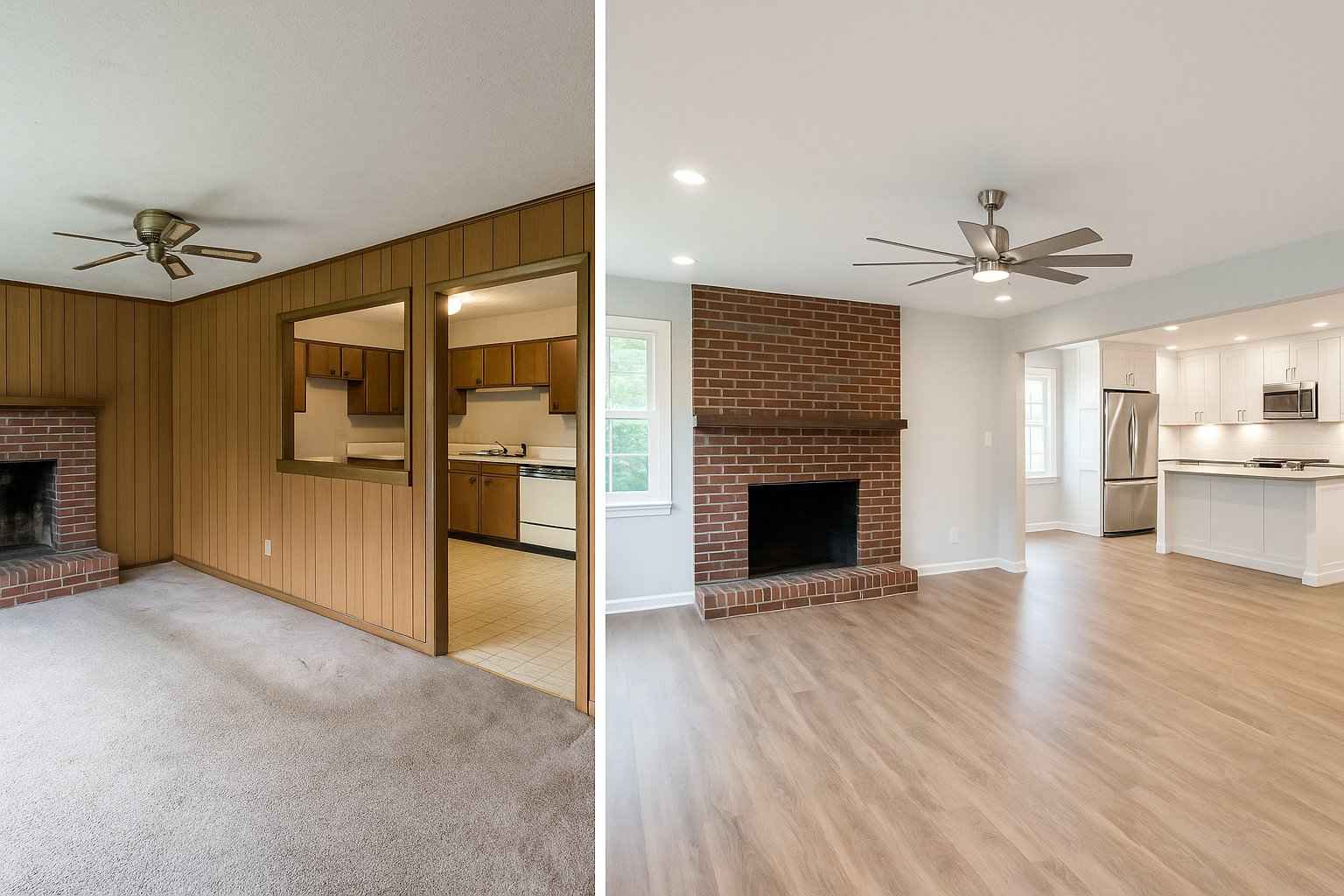 Before and after photo of full home remodel in Joyland showing open-concept living room and kitchen transformation with new flooring and finishes 