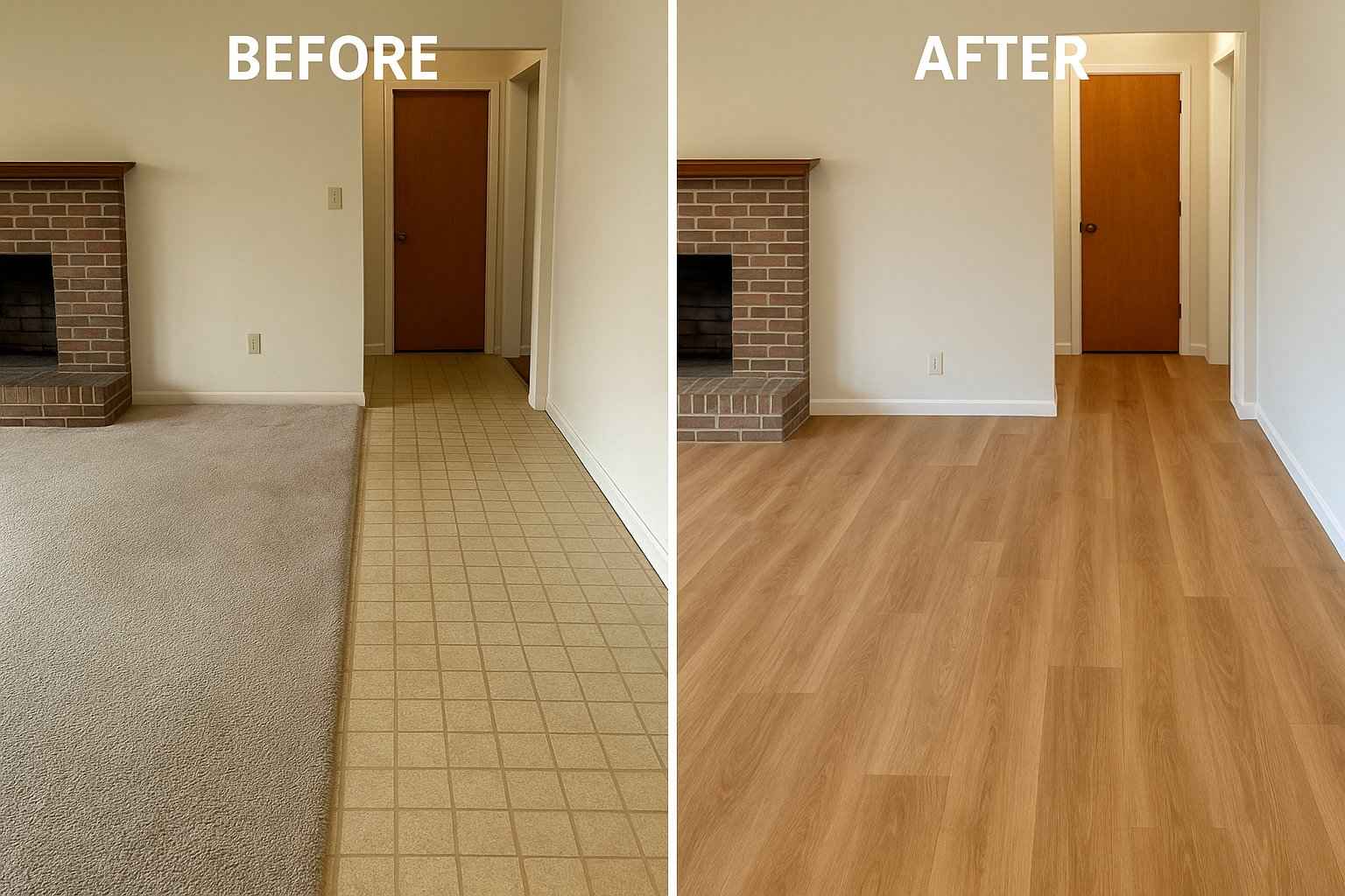 Before and after photo of laminate flooring installation in a Joyland mid-century home showing transformation from carpet and linoleum to wood-look planks 