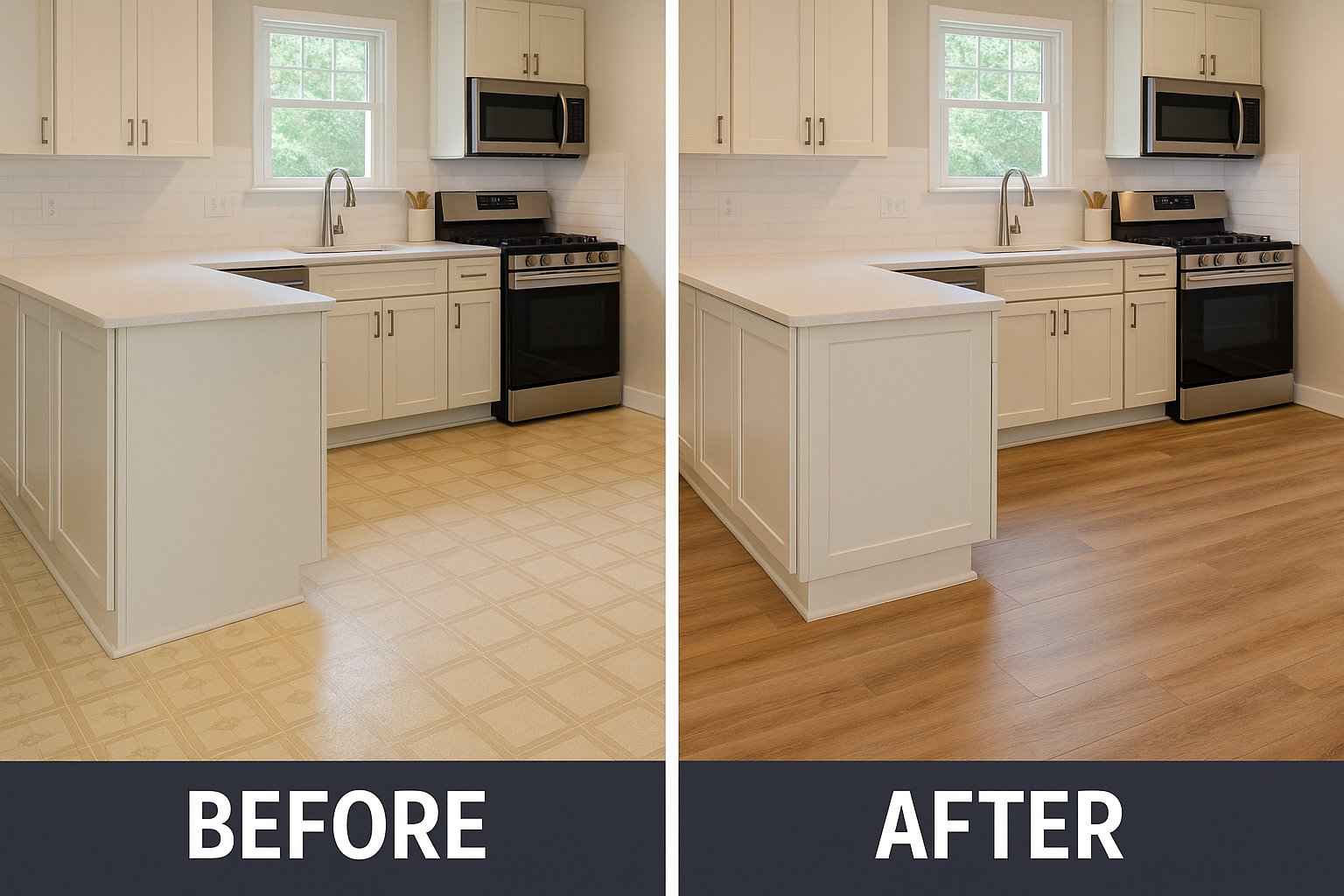 Before and after photo of kitchen vinyl flooring update in Joyland showing new waterproof planks and tiles 