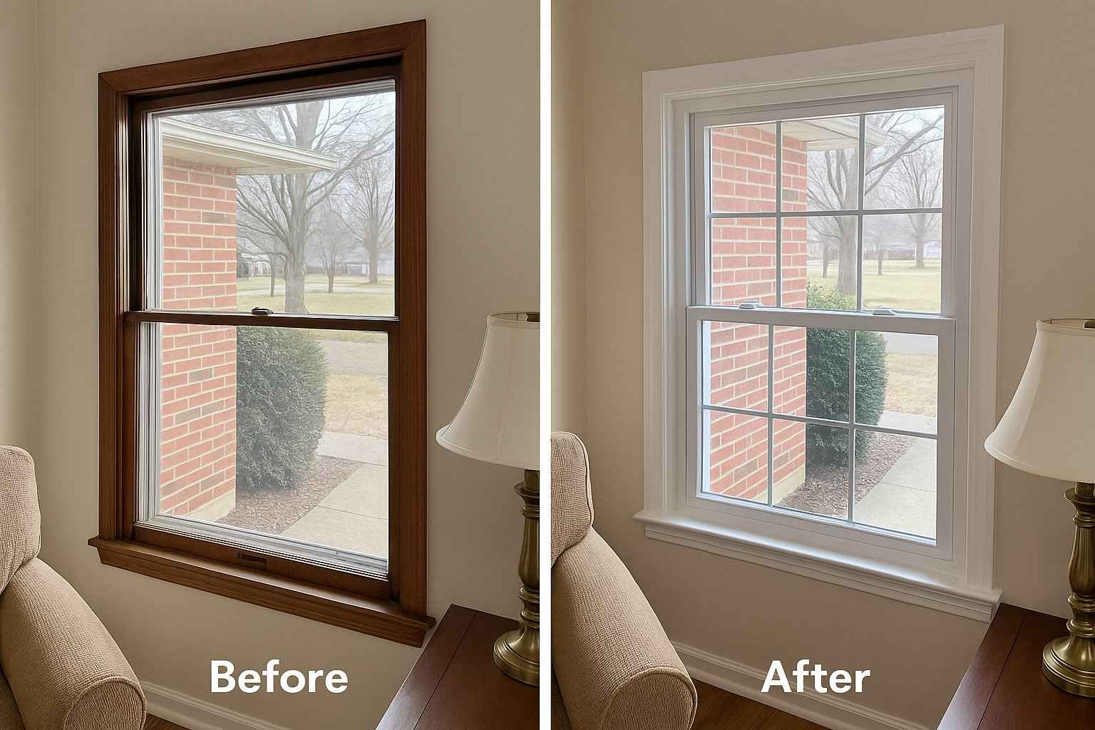 Before and after photo showing energy-efficient vinyl window installation in Joyland living room with updated white trim and double-pane glass 