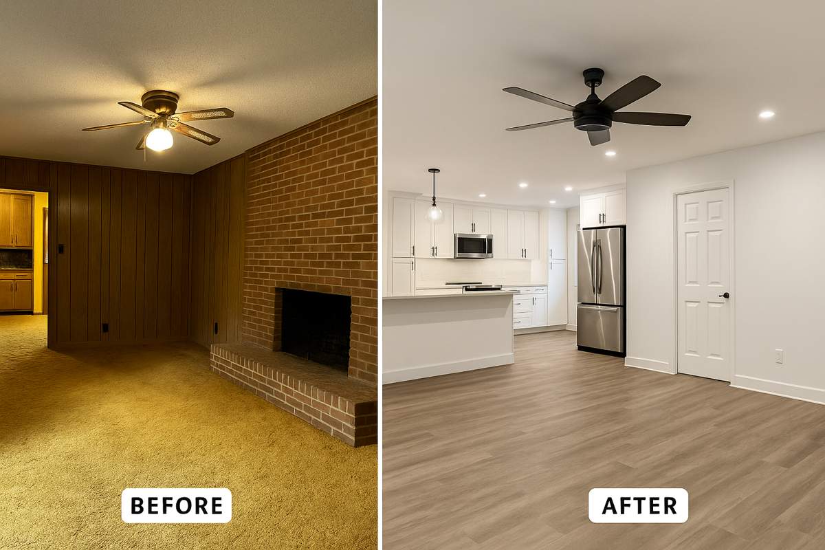 Side-by-side before and after photo of a Shadeland mid-century ranch remodel in Lexington, KY, showing the transformation from wood paneling and shag carpet to an open floor plan with luxury vinyl plank and a modern kitchen