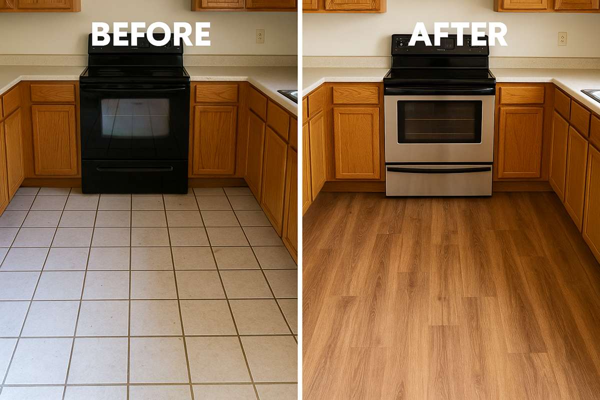 Before and after kitchen vinyl flooring in Shadeland, Lexington KY
