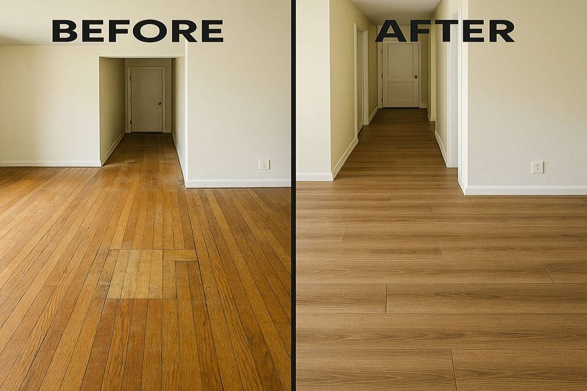 Before and after laminate flooring installation in Shadeland, Lexington KY