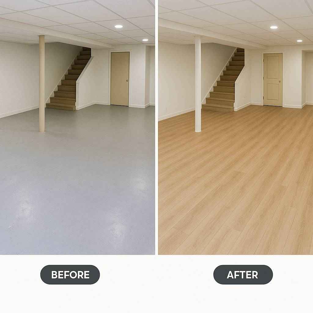 Side-by-side before and after photo of a basement flooring remodel in the Shriners neighborhood of Lexington, KY, showing transformation from bare concrete to light oak luxury vinyl plank