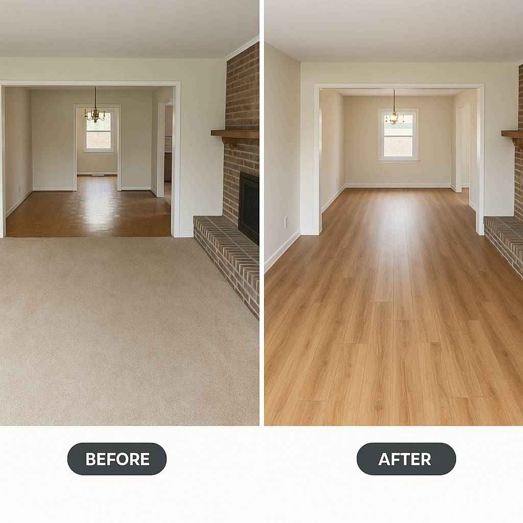 Side-by-side before and after photo of a laminate flooring installation in a Shriners neighborhood home in Lexington, KY, showing unified oak-tone flooring replacing mismatched carpet and parquet