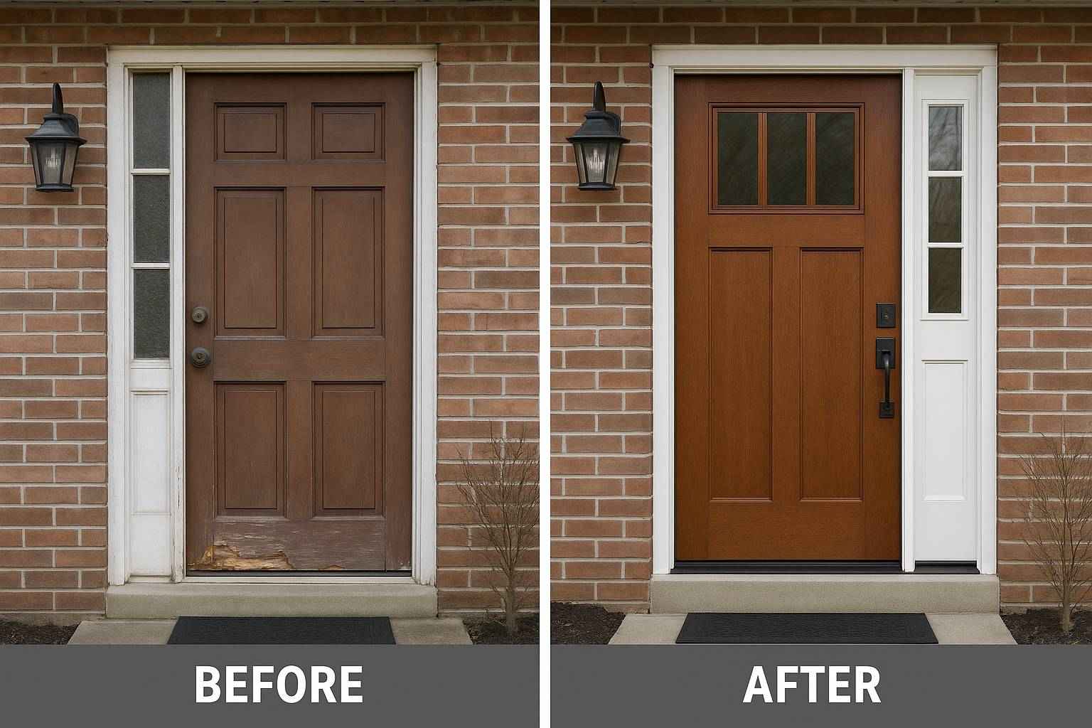 Side-by-side before and after photo of a front entry door replacement in the Shriners neighborhood of Lexington, KY, showing transformation from a worn wood door to a craftsman-style fiberglass unit