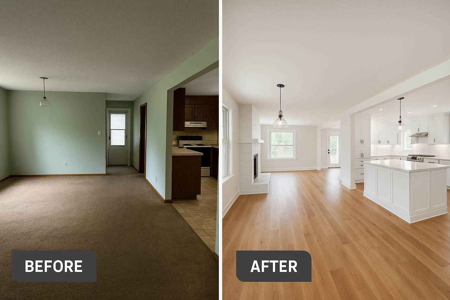 Side-by-side comparison showing a before and after of a remodeled kitchen and living area in a mid-century ranch home in Shriners, Lexington, KY