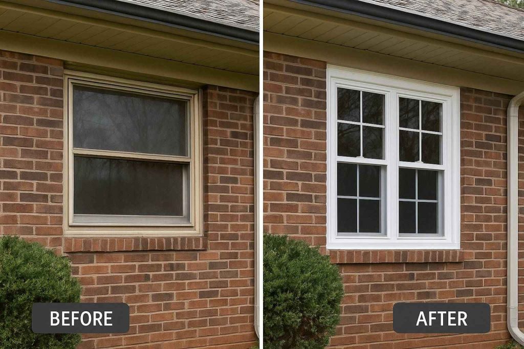 Side-by-side before and after photo of a window replacement project in the Shriners neighborhood of Lexington, KY, showing the upgrade from old aluminum windows to new white vinyl double-hung colonial-style windows